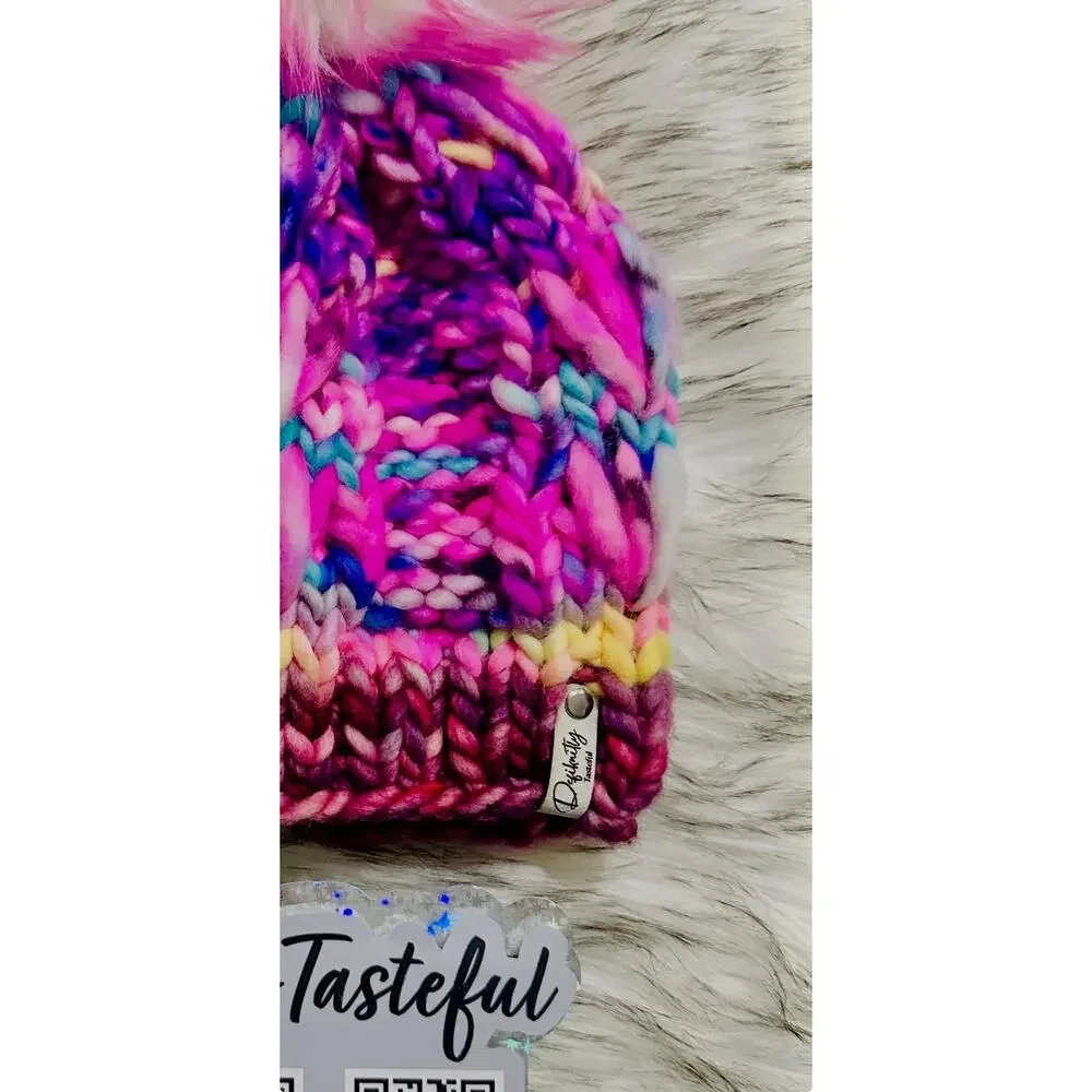 Hand Knit Merino Wool Scrappy Lake Erie Beanie: Faux Fur Pom - Adult Size